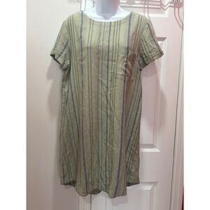 Cloth & Stone Striped Shift Dress Womens Green Linen Blend Button Back S
